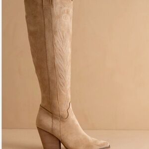Tall Suede Western Knee Boot in Light Beige